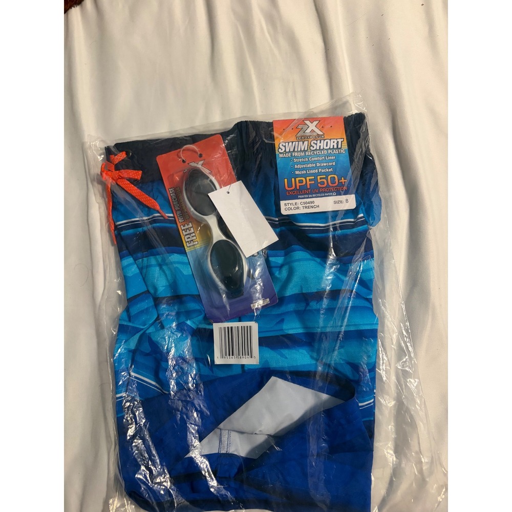 ZeroXposur Swim Shorts Striped‎ Blue UPF 50+ Goggles NWT 8 Summer Beach